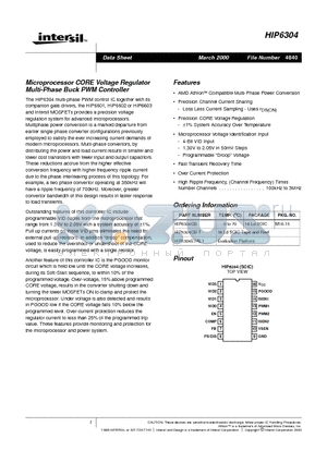 HIP6304 datasheet - Microprocessor CORE Voltage Regulator Multi-Phase Buck PWM Controller