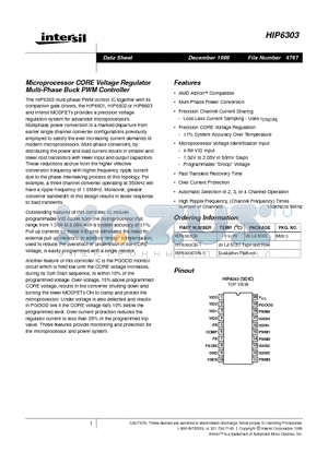 HIP6303 datasheet - Microprocessor CORE Voltage Regulator Multi-Phase Buck PWM Controller