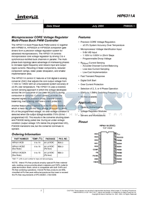 HIP6311ACBZ-T datasheet - Microprocessor CORE Voltage Regulator Multi-Phase Buck PWM Controller