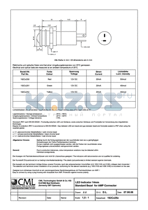 192CX250 datasheet - LED Indicator 14mm Standard Bezel for AMP Connector