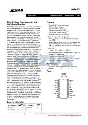 HIP6500 datasheet - Multiple Linear Power Controller with ACPI Control Interface