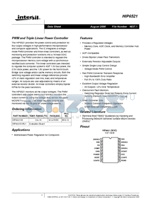 HIP6521 datasheet - PWM and Triple Linear Power Controller