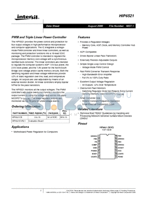 HIP6521EVAL1 datasheet - PWM and Triple Linear Power Controller