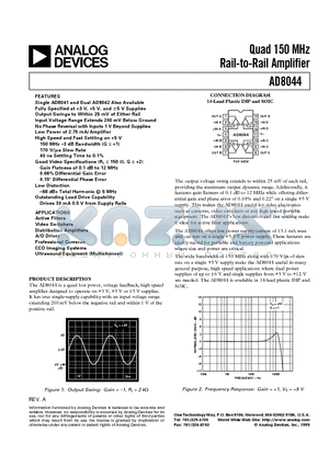 AD8044 datasheet - Quad 150 MHz Rail-to-Rail Amplifier