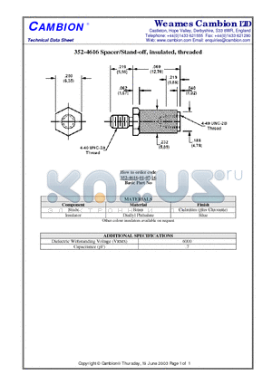 352-4616 datasheet - Spacer/Stand-off, insulated, threaded