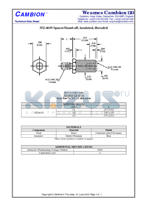 352-4619 datasheet - Spacer/Stand-off, insulated, threaded
