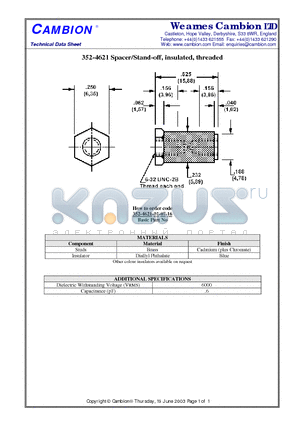 352-4621 datasheet - Spacer/Stand-off, insulated, threaded