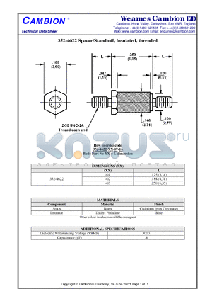 352-4622 datasheet - Spacer/Stand-off, insulated, threaded