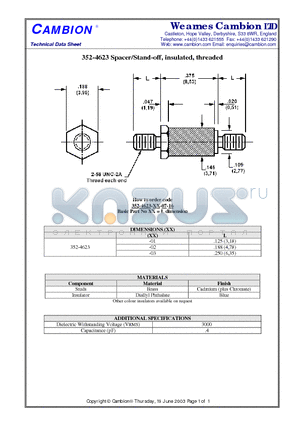 352-4623 datasheet - Spacer/Stand-off, insulated, threaded