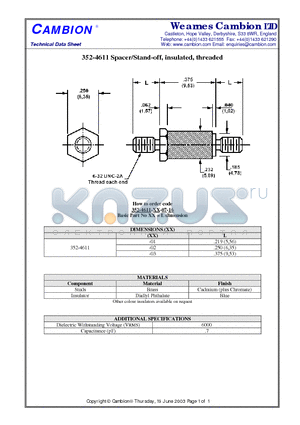 352-4611 datasheet - Spacer/Stand-off, insulated, threaded