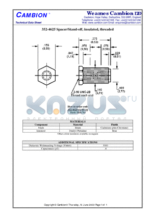 352-4625 datasheet - Spacer/Stand-off, insulated, threaded