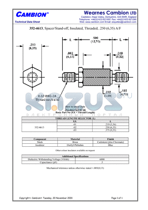 352-4613 datasheet - Spacer/Stand-off, Insulated, Threaded, .250 (6,35) A/F
