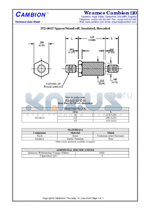 352-4615 datasheet - Spacer/Stand-off, insulated, threaded