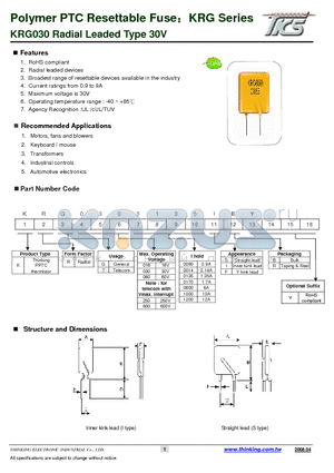 KRG0300135 datasheet - KRG030 Radial Leaded Type 30V