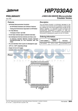 HIP7030A0 datasheet - J1850 8-Bit 68HC05 Microcontroller Emulator Version