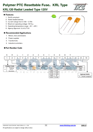 KRL1200065 datasheet - KRL120 Radial Leaded Type 120V