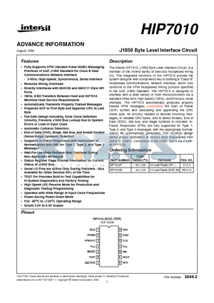 HIP7010 datasheet - J1850 Byte Level Interface Circuit