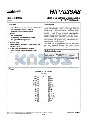 HIP7038A8 datasheet - J1850 8-Bit 68HC05 Microcontroller 8K EEPROM Version