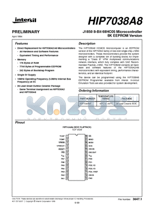 HIP7038A8F datasheet - J1850 8-Bit 68HC05 Microcontroller 8K EEPROM Version