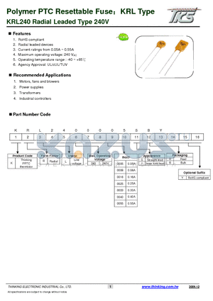 KRL2400008 datasheet - KRL240 Radial Leaded Type 240V