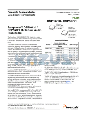 DSPB56721AF datasheet - SymphonyTM DSP56720 / DSP56721 Multi-Core Audio Processors