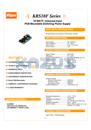 KRS10F datasheet - 10 WATT, Universal Input PCB Mountable Switching Power Supply