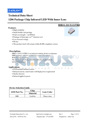 HIR11-21C/L11/TR8 datasheet - Chip Infrared LED With Inner Lens