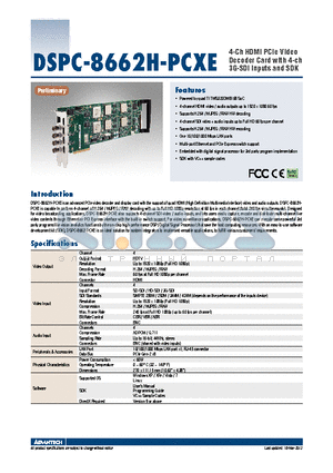 DSPC-8662H-PCXE datasheet - 4-Ch HDMI PCIe Video Decoder Card with 4-ch 3G-SDI inputs and SDK
