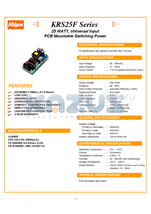 KRS25F-03 datasheet - 25 WATT, Universal Input PCB Mountable Switching Power