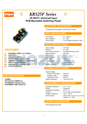 KRS25F-05 datasheet - 25 WATT, Universal Input PCB Mountable Switching Power