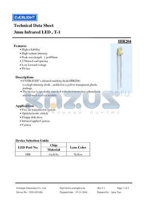 HIR204 datasheet - Technical Data Sheet 3mm Infrared LED, T-1