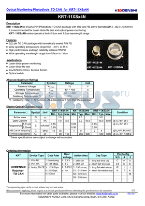 KRT-11XS14N datasheet - Optical Monitoring Photodiode TO CAN for KRT-11XSx4N