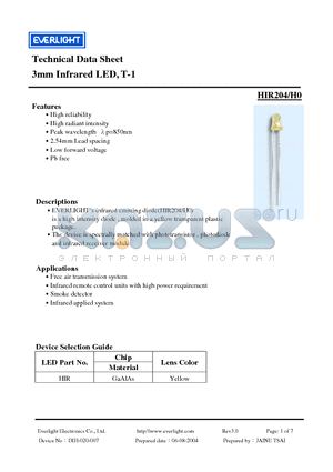 HIR204-H0 datasheet - 3mm Infrared LED, T-1