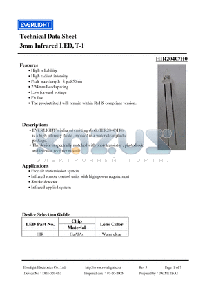 HIR204C-H0 datasheet - 3mm Infrared LED, T-1