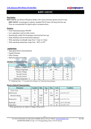 KRT-14211C datasheet - 2.5G InGaAs PIN PD for TO 46 PKG