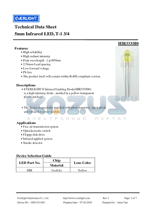 HIR333-H0 datasheet - 5mm Infrared LED, T-1 3/4