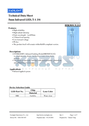 HIR383C/L212 datasheet - 5mm Infrared LED, T-1 3/4