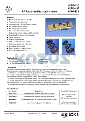 HIR6-433A datasheet - RF RECEIVER DECODER HYBRID