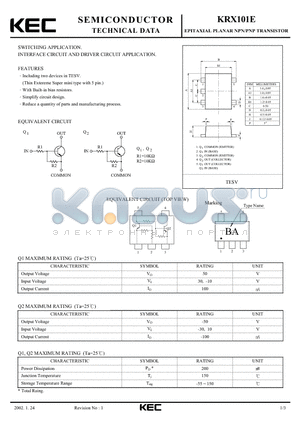 KRX101 datasheet - EPITAXIAL PLANAR PNP/NPN TRANSISTOR (SWITCHING, INTERFACE CIRCUIT AND DRIVER CIRCUIT)