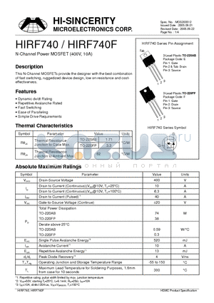 HIRF740F datasheet - N-Channel Power MOSFET (400V, 10A)