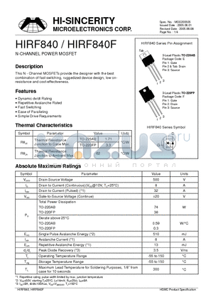 HIRF840F datasheet - N-Channel Power MOSFET