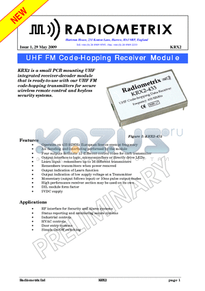 KRX2 datasheet - UHF FM Code-Hopping Receiver Module