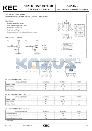 KRX202U datasheet - EPITAXIAL PLANAR NPN/PNP TRANSISTOR (SWITCHING, INTERFACE CIRCUIT AND DRIVER CIRCUIT)
