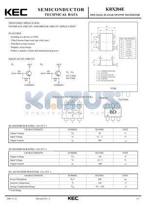 KRX204E datasheet - EPITAXIAL PLANAR NPN/PNP TRANSISTOR (SWITCHING, INTERFACE CIRCUIT AND DRIVER CIRCUIT)