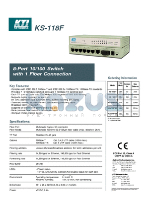 KS-118F datasheet - 8-Port 10/100 Switch with 1 Fiber Connection