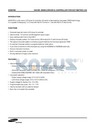 KS0070 datasheet - 16COM / 80SEG DRIVER & CONTROLLER FOR DOT MATRIX LCD