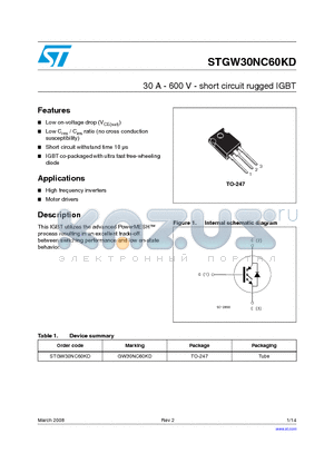 GW30NC60KD datasheet - 30 A - 600 V - short circuit rugged IGBT