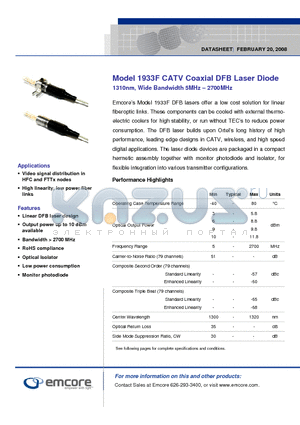 1933F-A-A-FA-06-B datasheet - 1310 nm CATV Coaxial DFB Laser Diode