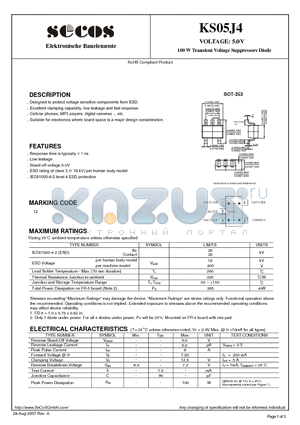 KS05J4 datasheet - 100W Transient Voltage Suppressors Diode