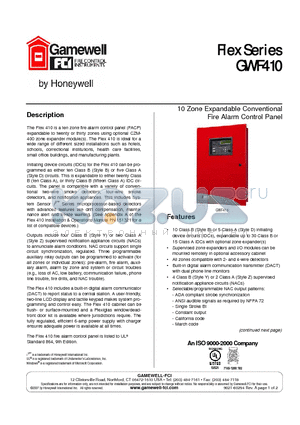 GWF410 datasheet - Flex 410 FACP, 10 zones, expandable to 20 and 30 zones, 120 VAC